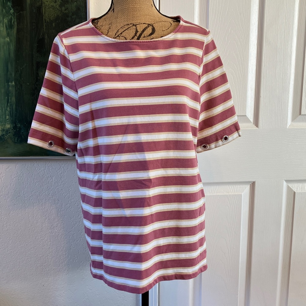 D & Co. cotton striped pink tan white grommet short sleeveved Summer shirt top L
